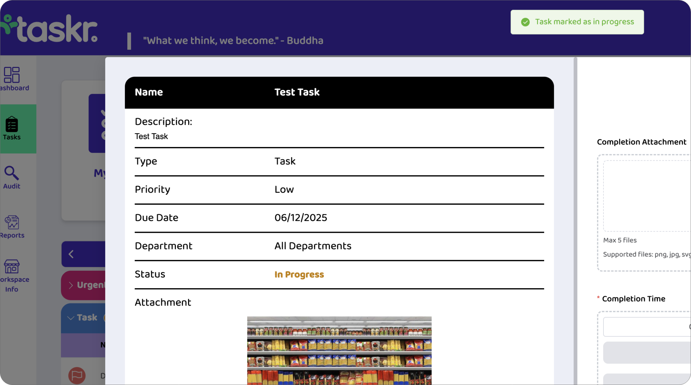 Taskr screen showing in progress status