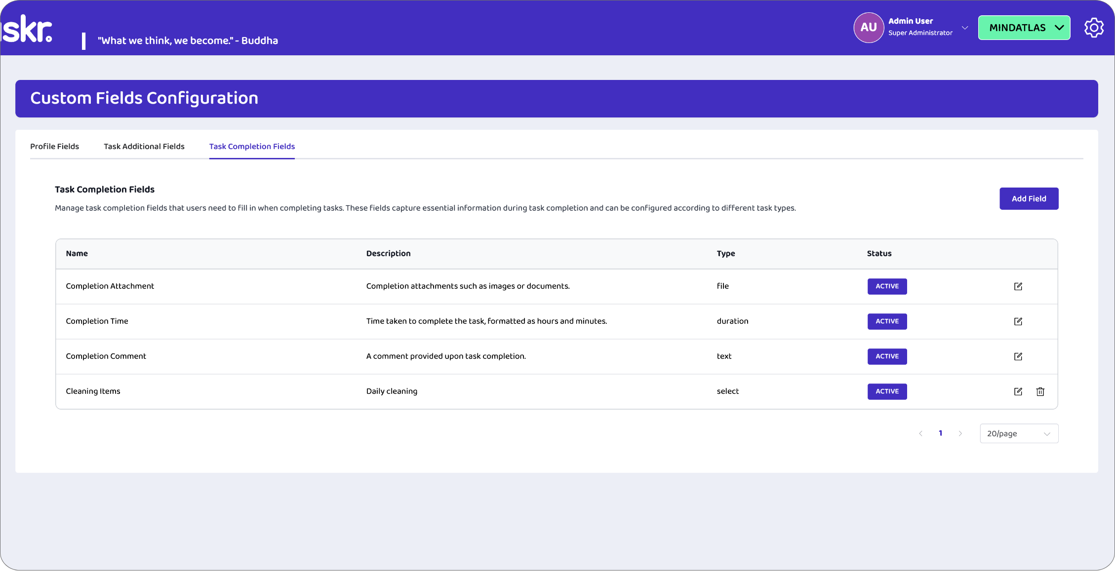 Taskr screen displaying Task Custom Fields