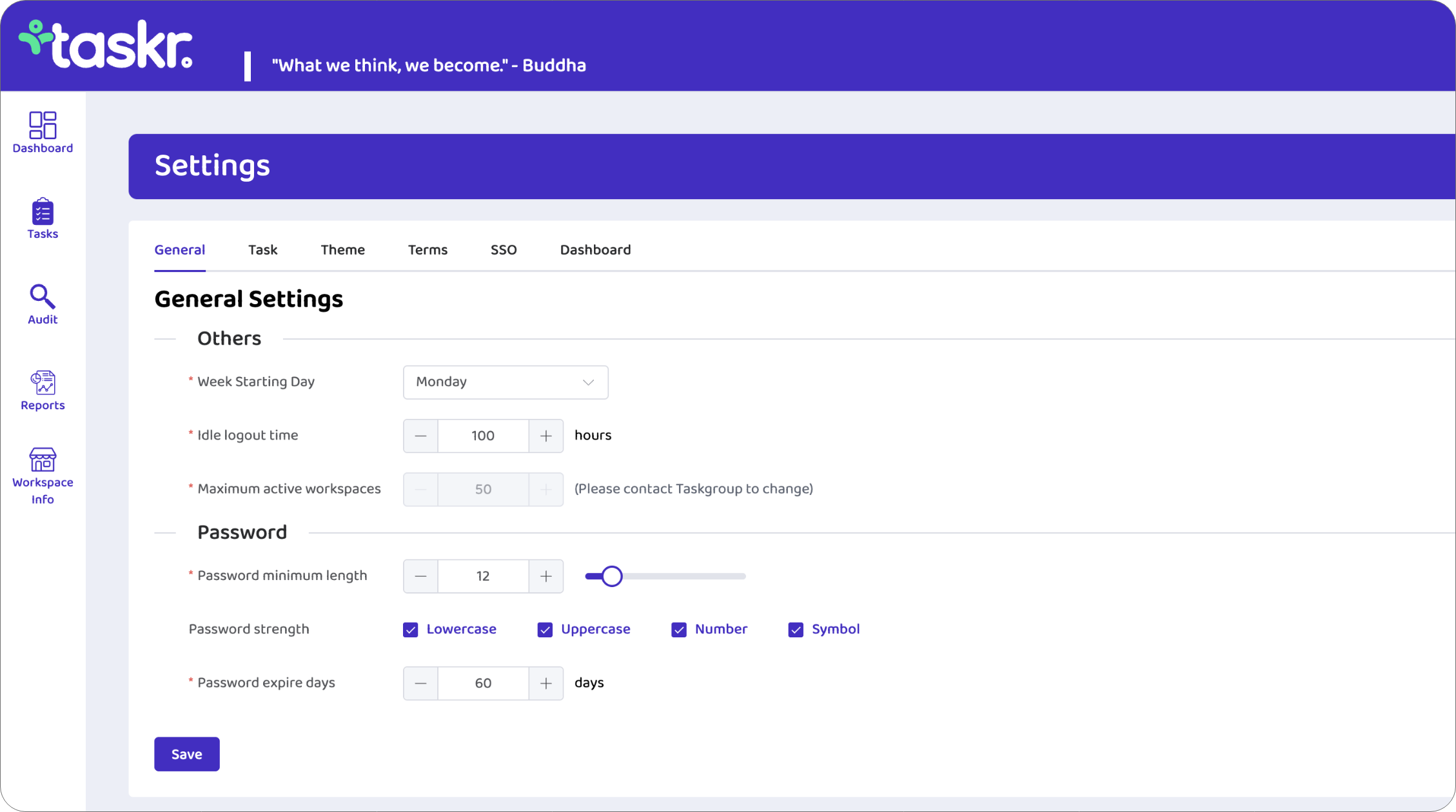 Taskr screen showing General settings and the password option